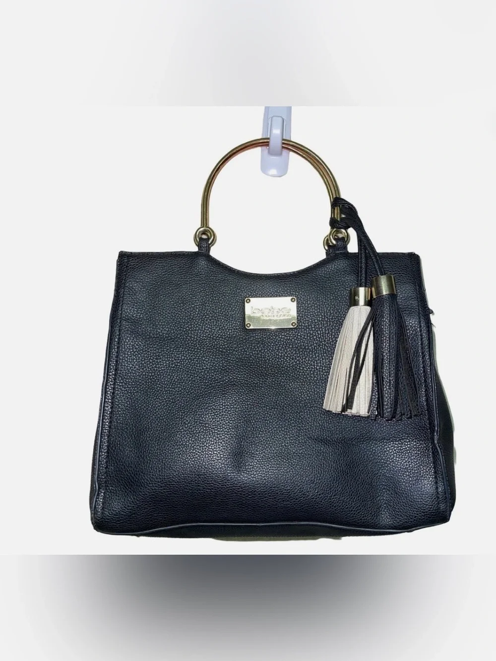 bebe Black Satchel with Gold Ring Handles and Two-Tone Tassels